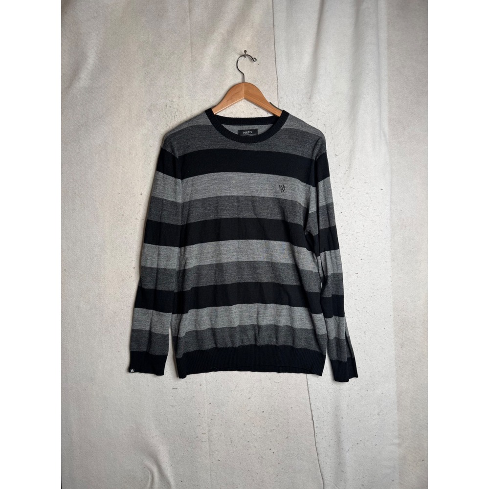 Matix for Marc Johnson MJ Stripe Sweater Mens Large Grey Black Striped Crew Neck
